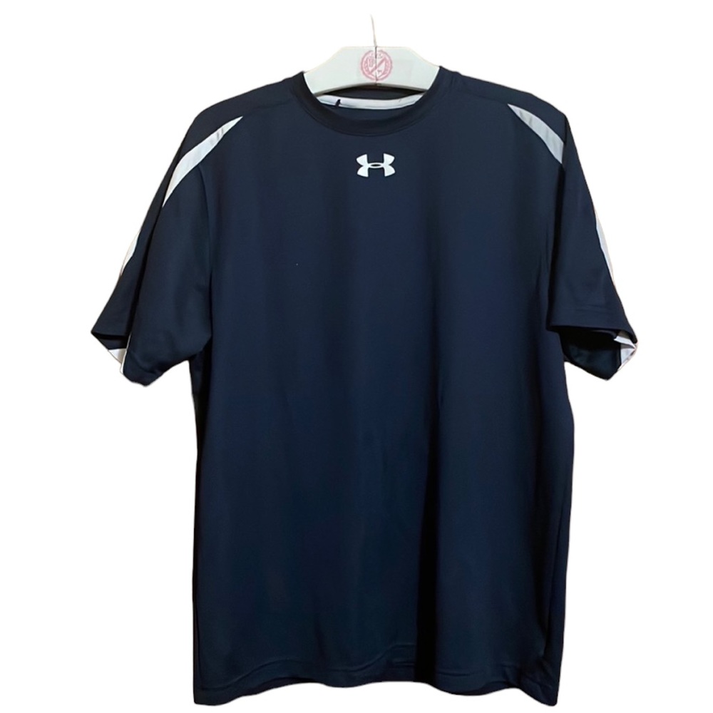•UNDER ARMOUR•NAVY & WHITE HEAT GEAR JERSEY SHORT SLEEVE TOP SIZE SMALL EUC